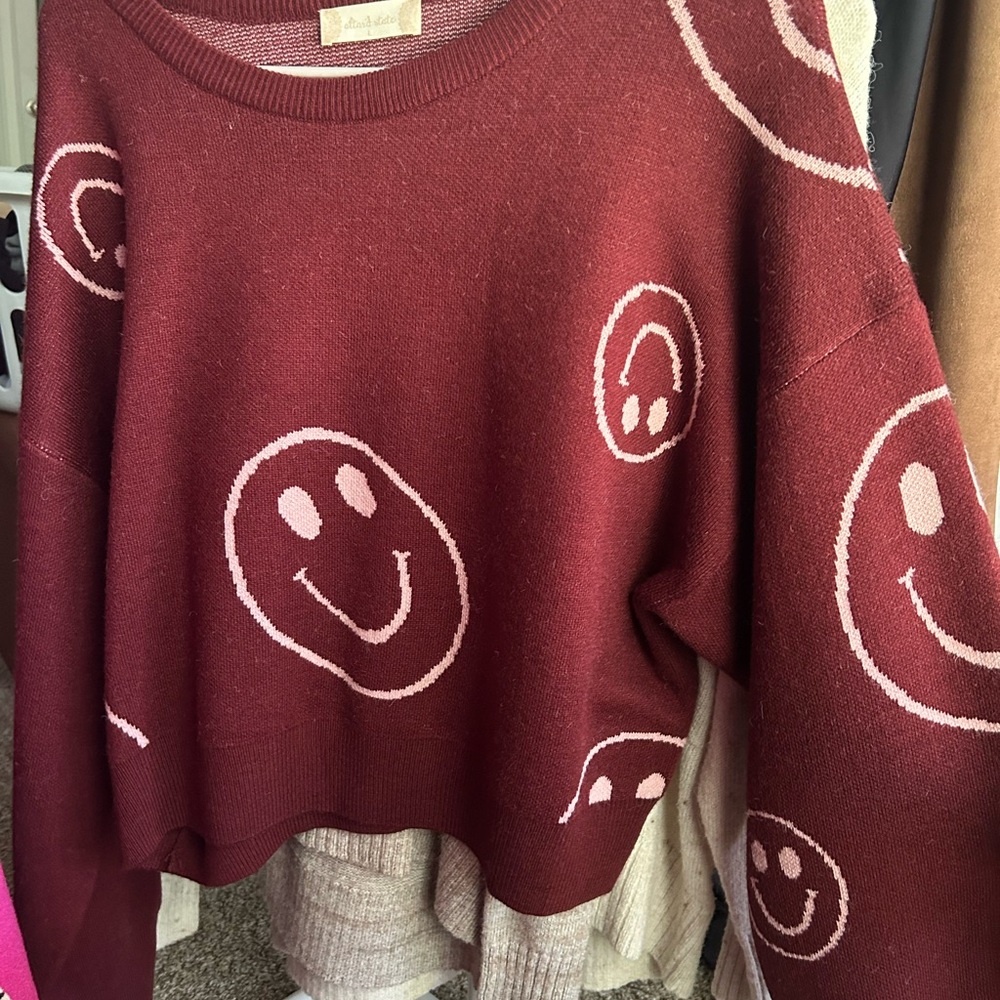 Altar'd State Red and Pink Crew Neck Sweater with Smiley Faces